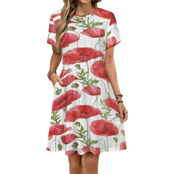 Poppy Flower Draw Short Sleeve Dress Women Summer Evening Dresses Ladies Sundress