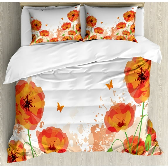 Poppy Flower Duvet Cover Set, Digital Watercolors Design of Poppy Classic Botany Bouquet Patterns Print, Decorative 3 Piece Bedding Set with 2 Pillow Shams, King Size, Red White, by Ambesonne