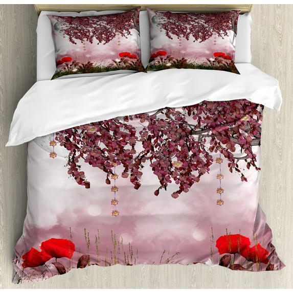 Poppy Flower Duvet Cover Set, Dream Garden with Poppies Full Moon Floral Tree Branches Paradise, Decorative 3 Piece Bedding Set with 2 Pillow Shams, Queen Size, Mauve Red, by Ambesonne