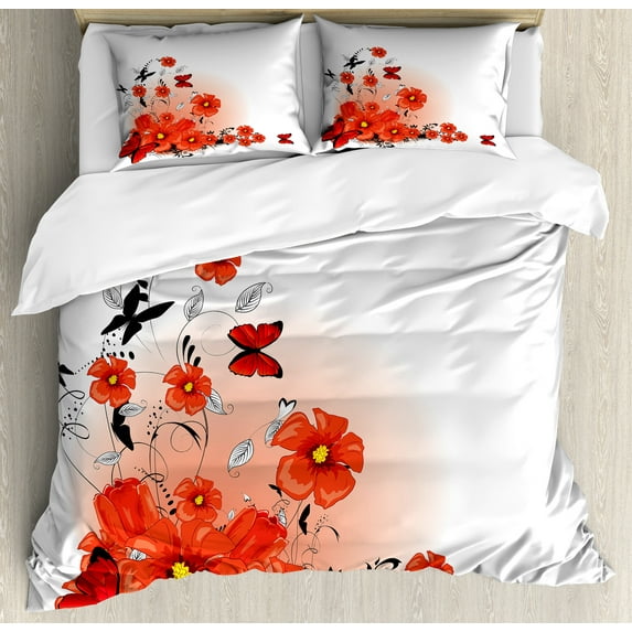 Poppy Flower Duvet Cover Set, Floral Background with Butterflies Spring Season Hope Inspiration Theme, Decorative 3 Piece Bedding Set with 2 Pillow Shams, Queen Size, Red White Black, by Ambesonne