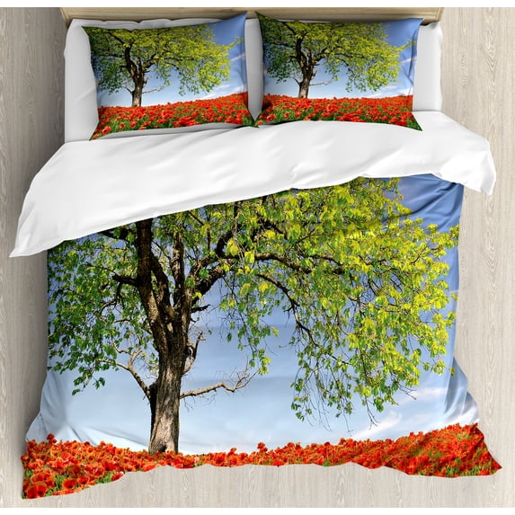 Poppy Flower Duvet Cover Set, Landscape of Blooming Poppies on Field Majestic Tree Rural Terrain Habitat, Decorative 3 Piece Bedding Set with 2 Pillow Shams, Queen Size, Green Red Blue, by Ambesonne