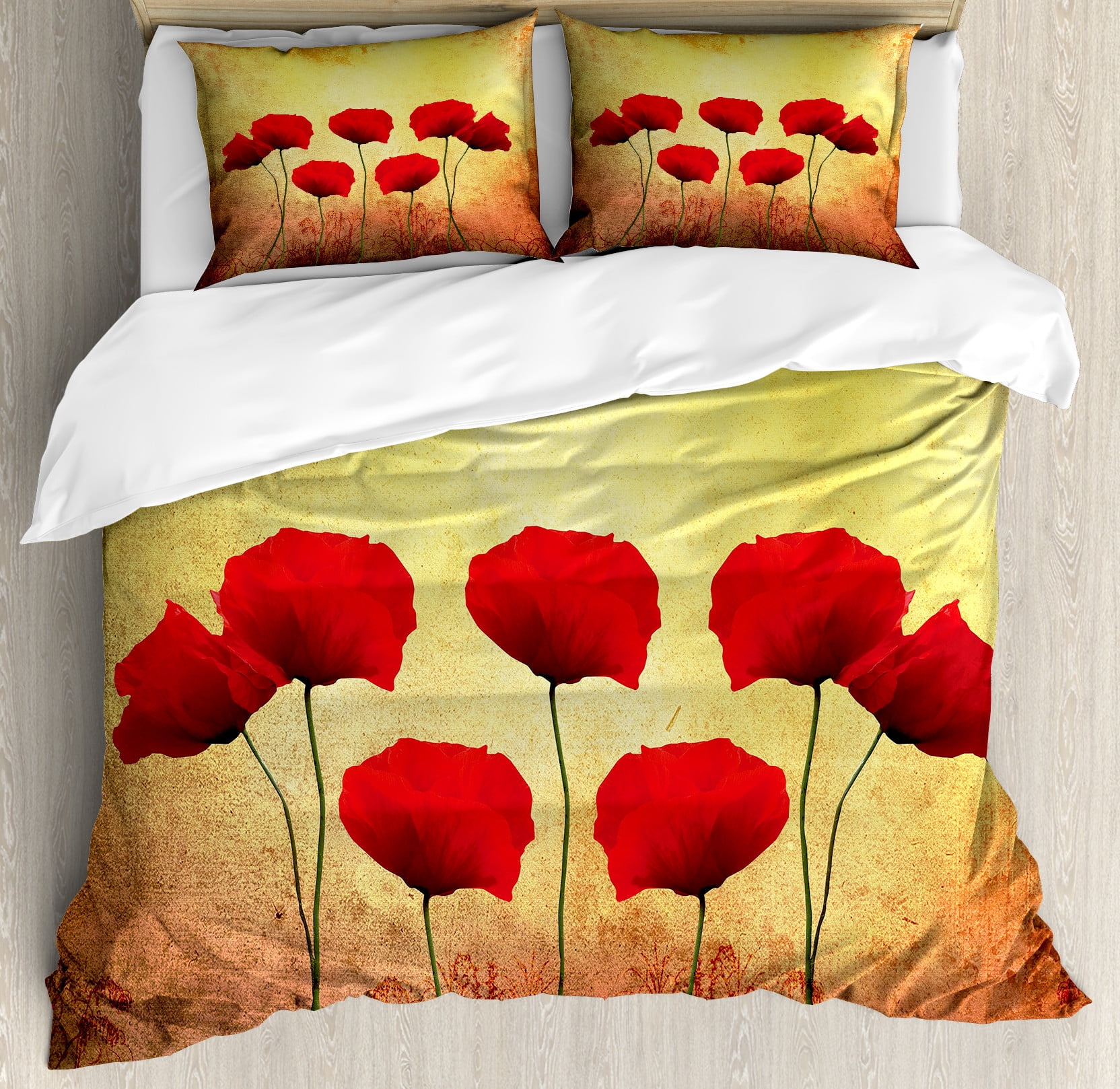Scarlet and Pale Yellow Floral Queen Duvet Cover Set