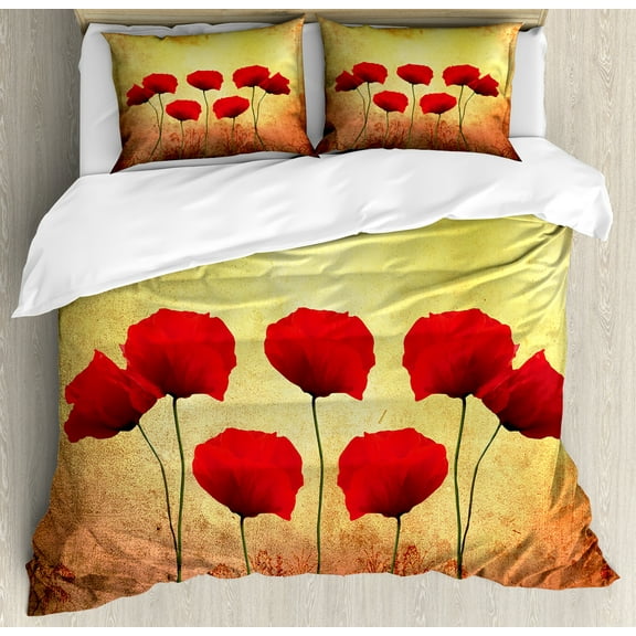 Poppy Flower Duvet Cover Set, Poppies on Old Aged Retro Featured Backdrop Design Past Days Drama, Decorative 3 Piece Bedding Set with 2 Pillow Shams, Queen Size, Scarlet Pale Yellow, by Ambesonne
