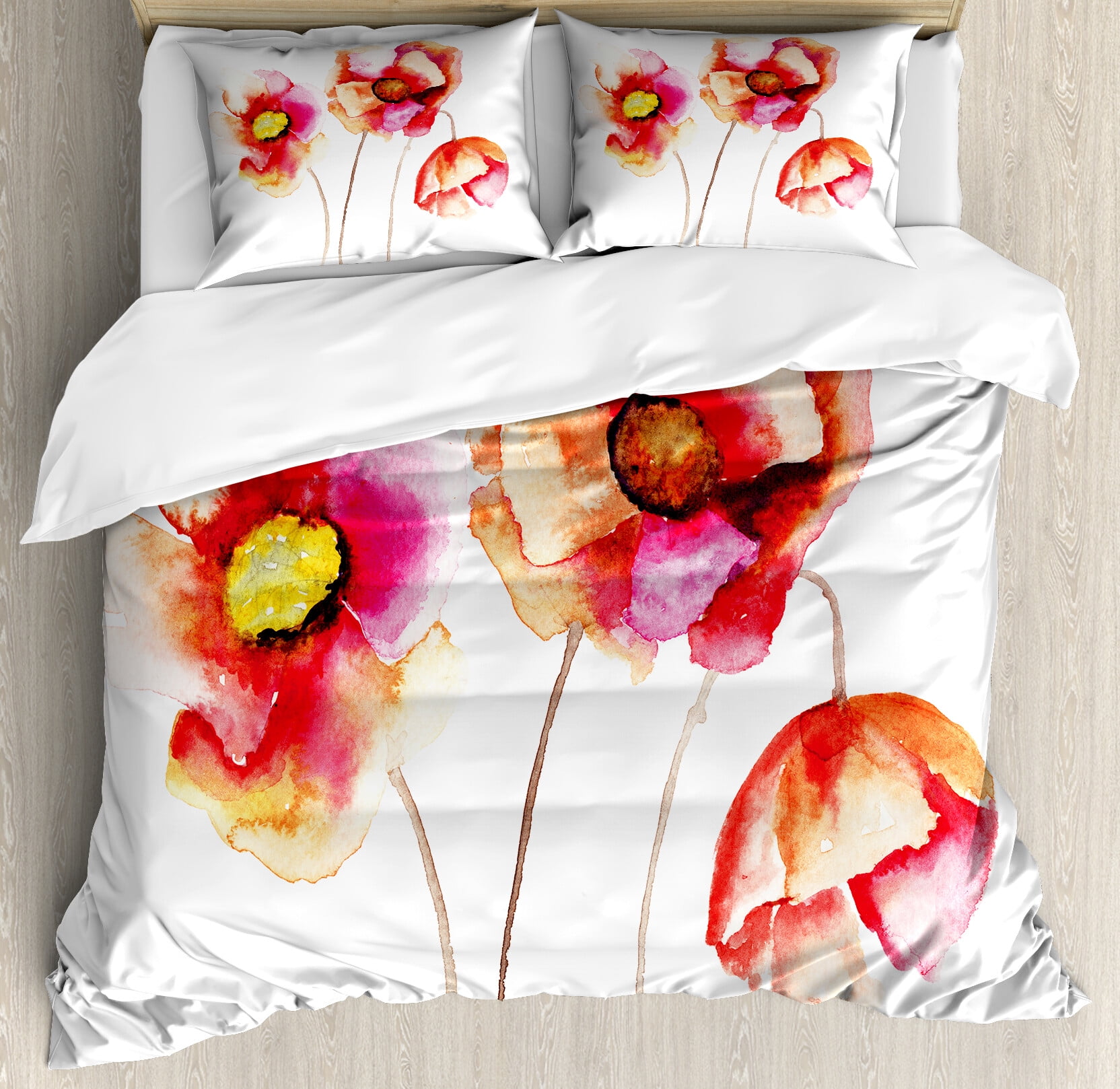 Vibrant Red and White Floral Queen Duvet Cover Set
