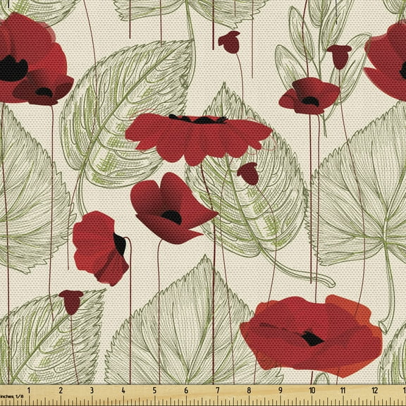Ambesonne Poppy Flower Fabric by the Yard Upholstery, Sketch Leaves Rural, 2 Yards, Scarlet Fern Green Beige