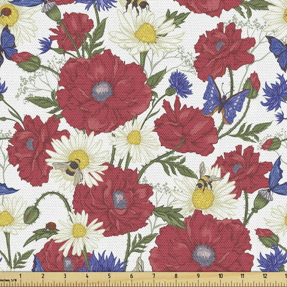 Ambesonne Poppy Flower Fabric by the Yard Upholstery, Summer Bees Flowers, 1 Yard, Multicolor