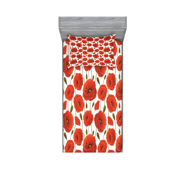Poppy Flower Fitted Sheet & Pillow Sham Set, Springs Ladybugs Animals and Plants Flora Fauna Nature, Decorative Printed 4 Piece Bedding Decor Set, Twinxl, Orange Olive Green White, by Ambesonne