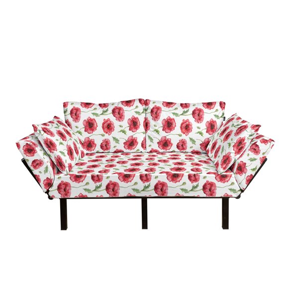 Poppy Flower Futon Couch, Arrangement of Elements Aquarelle Bloom Pattern Ornamental Composition, Daybed with Metal Frame Upholstered Sofa for Living Dorm, Loveseat, Coral Green White, by Ambesonne