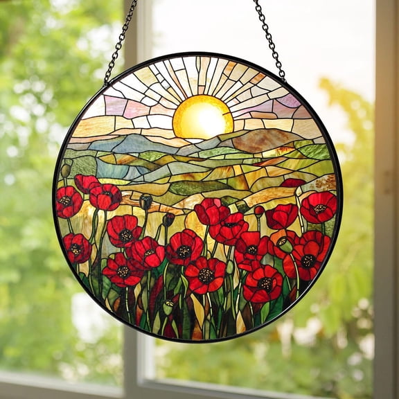 Poppy Flower Glass Suncatcher, Red Poppy Sunrise Window Hanging, Handmade Floral for Nature Lovers, 3.5 in