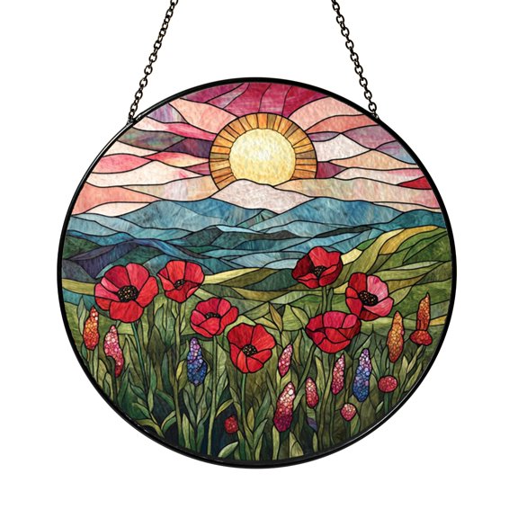 Poppy Flower Glass Suncatcher Round Sunrise Window Hanging, Mountain Landscape Scene Decor Gift for Colorful Home Style