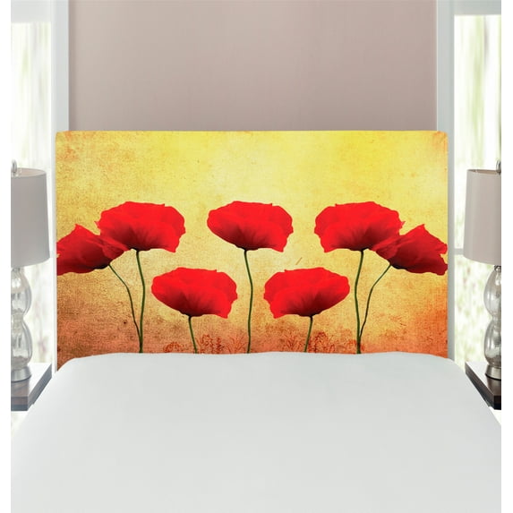 Poppy Flower Headboard, Poppies on Old Aged Retro Featured Backdrop Design Past Days Drama, Upholstered Decorative Metal Bed Headboard with Memory Foam, Twin Size, Scarlet Pale Yellow, by Ambesonne
