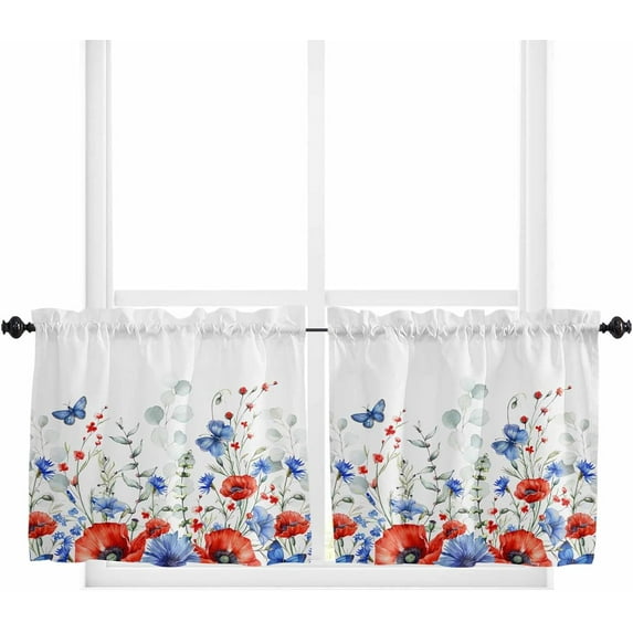 Poppy Flower Kitchen Curtains,American Flag USA Fourth of July Independence Day Kitchen Valances Short Cafe Tier Curtains for Living Dining Room Rod Pocket Window Drapes 36 Inch Length 2 Panels Set