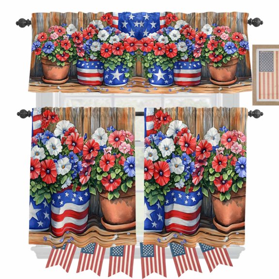 Poppy Flower Kitchen Curtains Valances 3 Piece Set, USA Flag Rod Pocket Tier Curtain and Valance Drapes for Small Window 24 Inch Length for Bedroom Cafe