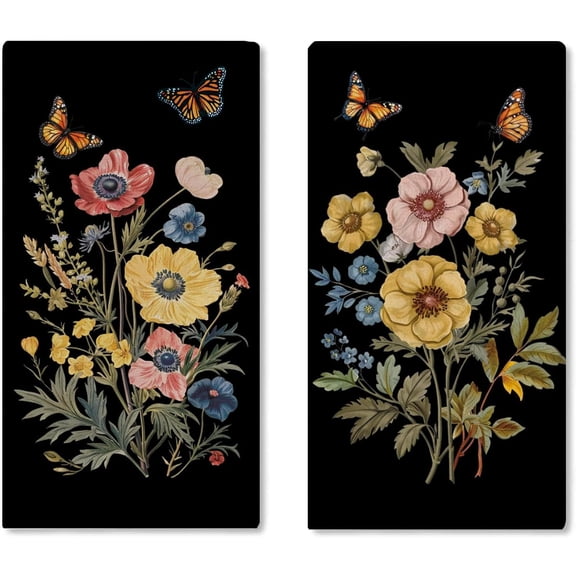 Poppy Flower Kitchen Dish Towels Set of 2, Black Floral Butterfly Plants Botanical Drying Hand Towel Baking Cooking Cloth, Spring Summer Wildflower Farmhouse Bathroom Home Decoration 18'' x 26''