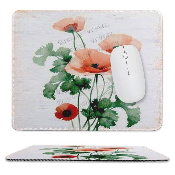 Poppy Flower Print Mouse Pad with Non-Slip Rubber Base, Stitched Edge, Premium-Textured, Gaming Mouse Pad for Wireless Mouse, Computers, Laptop, Office 10"x12"