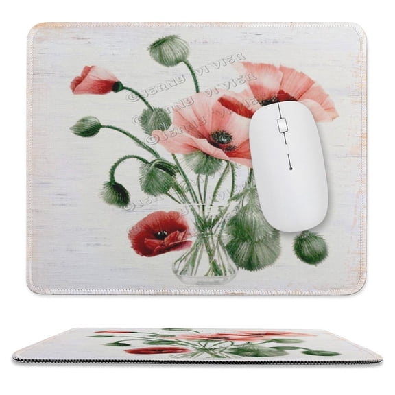Poppy Flower Print Mouse Pad with Stitched Edge, Premium-Textured Computer Mousepad with Non-Slip Rubber Base, Gaming Mouse Mat for Laptop, Office & Home 10"x12"