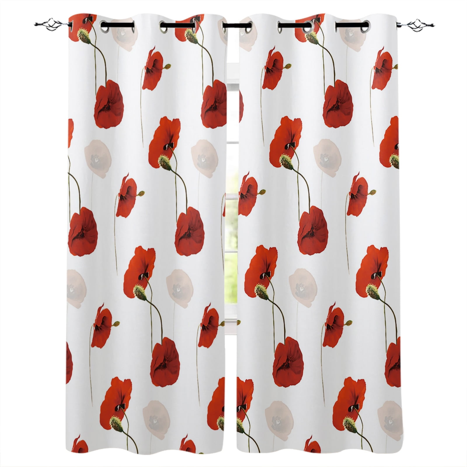 Poppy Flower Red Window Curtains for Living Room Bedroom Kitchen Modern