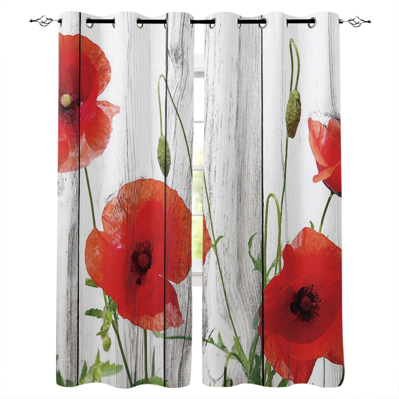 Poppy Flower Red Window Curtains for Living Room Bedroom Kitchen Modern