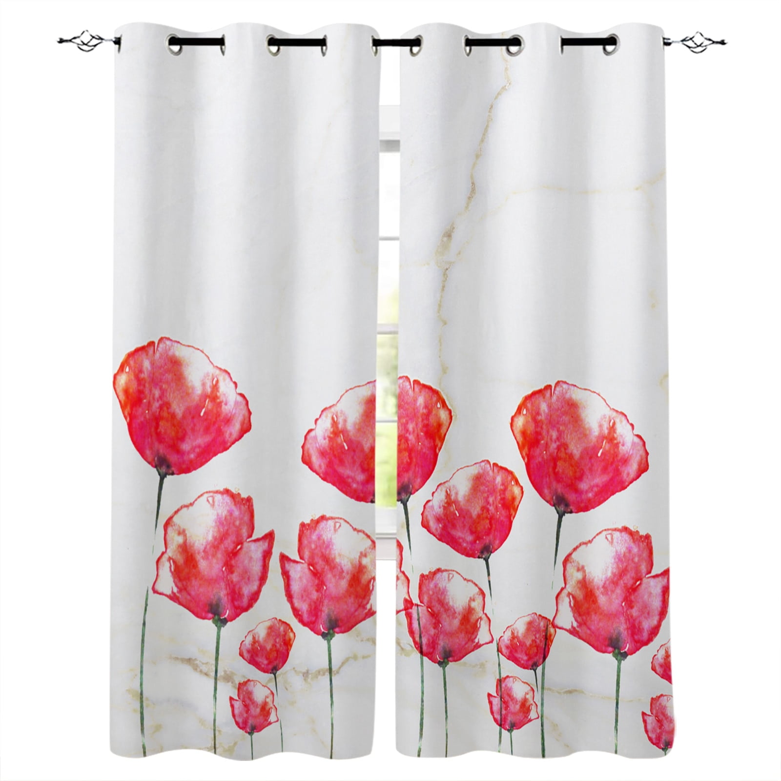 Poppy Flower Red Window Curtains for Living Room Bedroom Kitchen Modern
