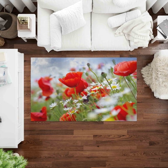 Poppy Flower Rug, Poppy Fields Rug, Farmhouse Rug, Trendy Rug, Daisy Flower Rug, Office Decor Rug, Gift Rug, Red Poppies Rug, Botanical Rugs, 2'x3' - 60x90 cm