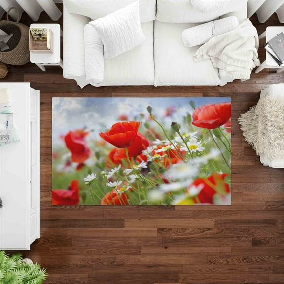 Poppy Flower Rug, Poppy Fields Rug, Farmhouse Rug, Trendy Rug, Daisy Flower Rug, Office Decor Rug, Gift Rug, Red Poppies Rug, Botanical Rugs, 2'x3' - 60x90 cm