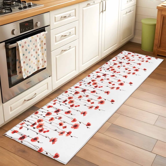 Poppy Flower Runner Rugs 2x6 ft Watercolor Floral Spring Washable Hallway Rugs Non-Slip Floor Mats Absorbent Carpet Bedside Runners for Bedroom Kitchen Bathroom Laundry Room