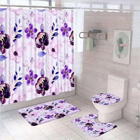 Poppy Flower Shower Curtain Set Red Blue Floral Watercolor Plant Leaves Scenery Bathroom Curtains With Bath Mat Rug Toilet Cover