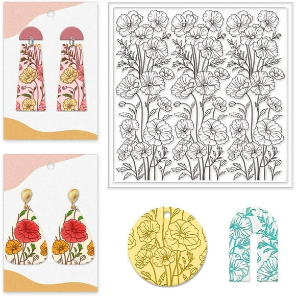 Poppy Flower Silicone Texture Stamp Sheet 5.5x5.5inch Leaf Transparent Clay Texture Stamp Mat Background DIY Clay Texture Pad for Making Earrings and Jewellery Polymer Clay