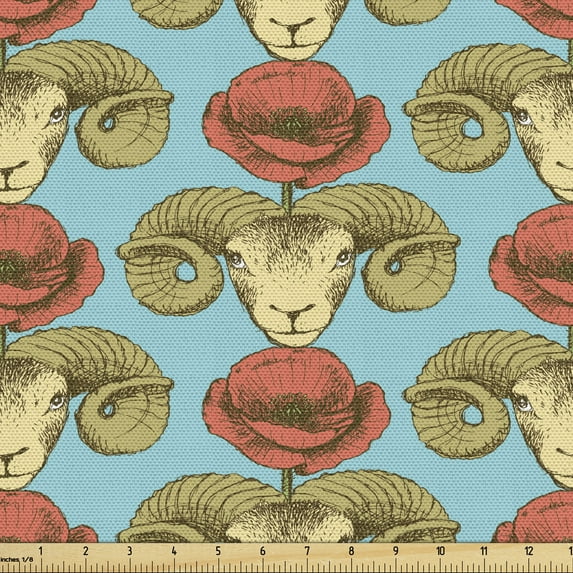 Poppy Flower Sofa Upholstery Fabric by the Yard, Vintage Romantic Pattern with Sketch Ram and Poppys Print, Decorative Fabric for DIY & Home Accents, 1 Yard, Burnt Sienna Turquoise by Ambesonne