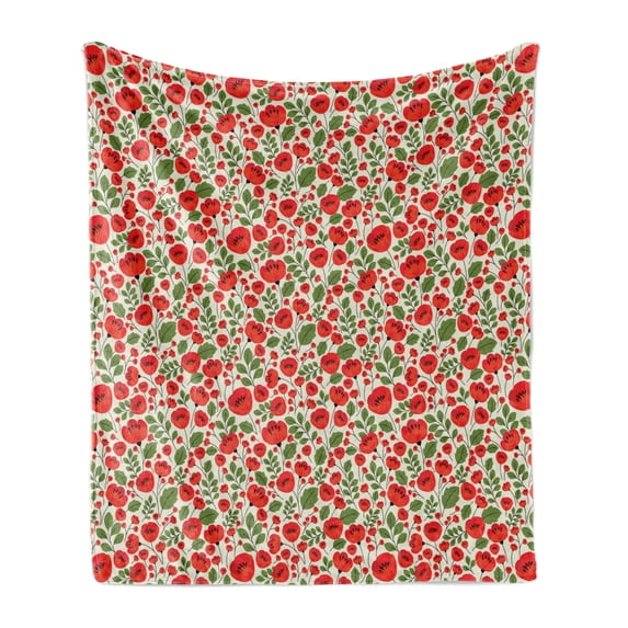 Poppy Flower Soft Flannel Fleece Blanket, Abstract Floral Arrangement Doodle Style Petals and Leaves Classic Retro, Cozy Plush for Indoor and Outdoor Use, 70" x 90", Green Red Beige, by Ambesonne
