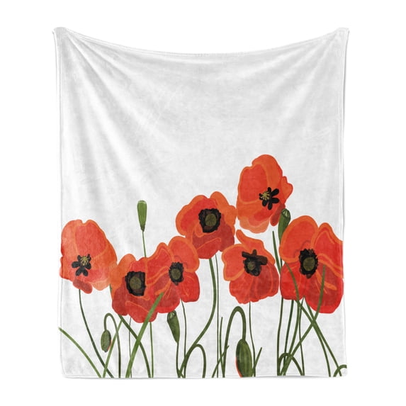 Poppy Flower Soft Flannel Fleece Blanket, Efflorescing Meadow in the Backwoods Vibrant Blossoms Buds Bouquet, Cozy Plush for Indoor and Outdoor Use, 60" x 80", Olive Green Vermilion, by Ambesonne