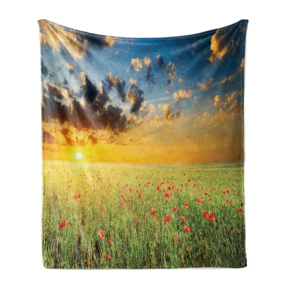 Poppy Flower Soft Flannel Fleece Blanket, Freshening Sky View with Grass Poppies Against Sunset Horizon Countryside, Cozy Plush for Indoor and Outdoor Use, 60" x 80", Red Green Blue, by Ambesonne