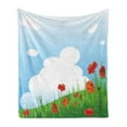thumbnail image 1 of Poppy Flower Soft Flannel Fleece Blanket, Idyllic Grassy Field in Full Blossom Blue Sky with Clouds over the Wilderness, Cozy Plush for Indoor and Outdoor Use, 70" x 90", Multicolor, by Ambesonne, 1 of 5