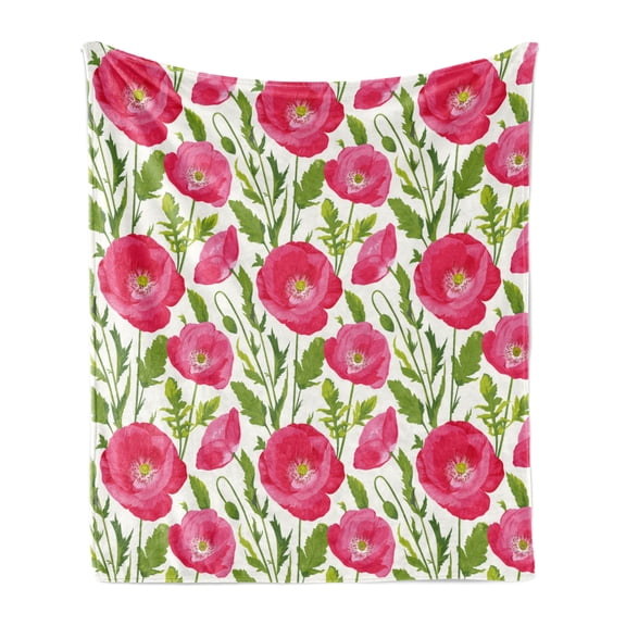 Poppy Flower Soft Flannel Fleece Blanket, Leaves and Petals Watercolors Bouquet Romance Inspiration Valentines Day, Cozy Plush for Indoor and Outdoor Use, 50" x 70", Green Pink Cream, by Ambesonne