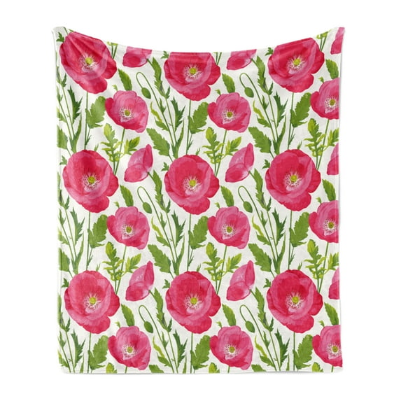 Poppy Flower Soft Flannel Fleece Blanket, Leaves and Petals Watercolors Bouquet Romance Inspiration Valentines Day, Cozy Plush for Indoor and Outdoor Use, 50" x 70", Green Pink Cream, by Ambesonne