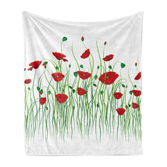 Poppy Flower Soft Flannel Fleece Blanket, Scarlets and Buds on a Rural Field Refreshing Nature of Country Theme, Cozy Plush for Indoor and Outdoor Use, 50" x 70", Scarlet Green White, by Ambesonne