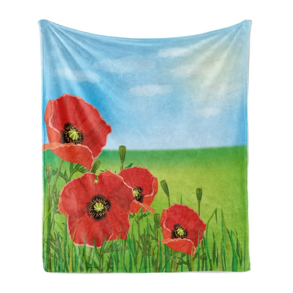 Poppy Flower Soft Flannel Fleece Blanket, Sunny Day is upon the Green Hills of the Country Red Summer Blossoms, Cozy Plush for Indoor and Outdoor Use, 60" x 80", Red Pale Blue Green, by Ambesonne