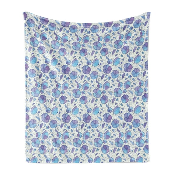 Poppy Flower Soft Flannel Fleece Throw Blanket, Abstract Poppys Pattern with Freshly Blossoming Buds, Cozy Plush for Indoor and Outdoor Use, 70" x 90", Blue Violet and Coconut, by Ambesonne