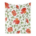 thumbnail image 1 of Poppy Flower Soft Flannel Fleece Throw Blanket, Blooming Poppies Buds and Green Leaves Scattered on White Backdrop, Cozy Plush for Indoor and Outdoor Use, 50" x 70", Vermilion Coral, by Ambesonne, 1 of 5