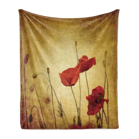 Poppy Flower Soft Flannel Fleece Throw Blanket, Flower and Buds on Ambient Dark Grunge Background Retro Effects Bohemian, Cozy Plush for Indoor and Outdoor Use, 50" x 70", Cream and Red, by Ambesonne