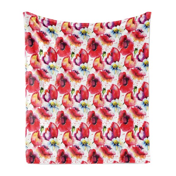Poppy Flower Soft Flannel Fleece Throw Blanket, Colorful Combined Mixed Poppy Petals Pattern Spring Garden Theme Paint Effect, Cozy Plush for Indoor and Outdoor Use, 50" x 60", Blue Red, by Ambesonne