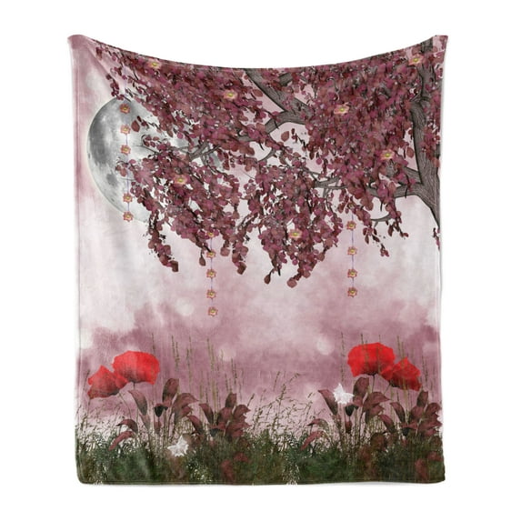 Poppy Flower Soft Flannel Fleece Throw Blanket, Dream Garden with Poppies Full Moon Floral Tree Branches Fairy Tale Paradise, Cozy Plush for Indoor and Outdoor Use, 50" x 60", Mauve Red, by Ambesonne