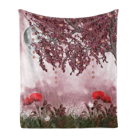 Poppy Flower Soft Flannel Fleece Throw Blanket, Dream Garden with Poppies Full Moon Floral Tree Branches Fairy Tale Paradise, Cozy Plush for Indoor and Outdoor Use, 50" x 70", Mauve Red, by Ambesonne