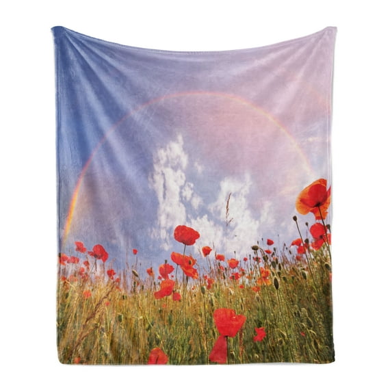 Poppy Flower Soft Flannel Fleece Throw Blanket, Meadow with Poppies and Rainbow Reflection in Air Sky Happiness Concept, Cozy Plush for Indoor and Outdoor Use, 50" x 70", Red Green Blue, by Ambesonne