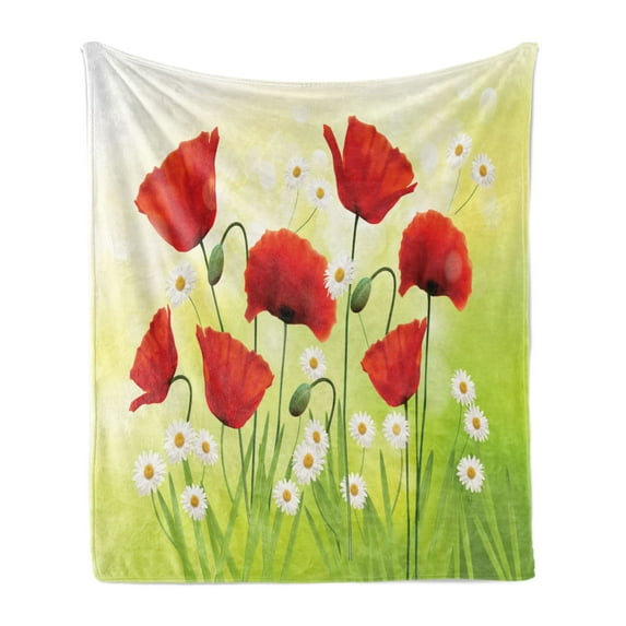 Poppy Flower Soft Flannel Fleece Throw Blanket, Spring Environment with Poppies and Daisies on Grass Flourishing Nature, Cozy Plush for Indoor and Outdoor Use, 60" x 80", Red Green, by Ambesonne