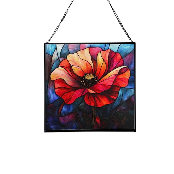 Poppy Flower Stained Glass Panel Suncatcher Square Window Hanging, 8 Inch Real Glass Decorative Art Sun Catcher for Home, Gift, and Garden Decor 78OR10
