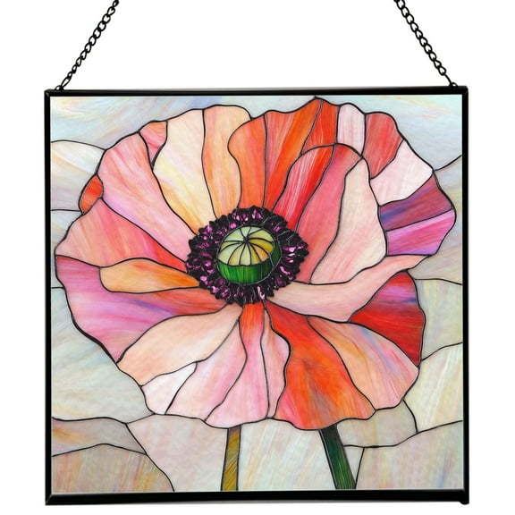 Poppy Flower Stained Glass Panels, Square Shaped Window Hangings, Tiffany Glass Traditional Art Crafts for Home Decor Gifts 128OR18