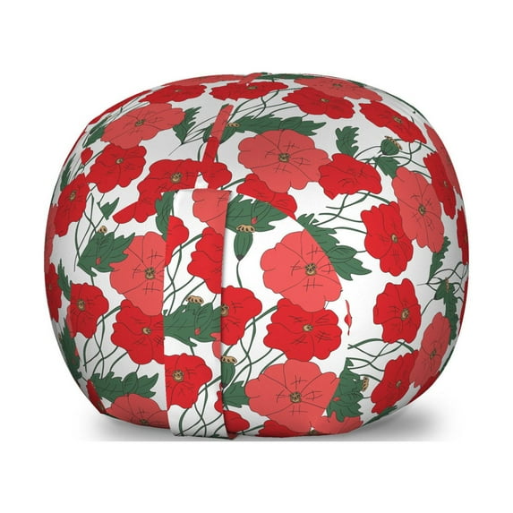 Poppy Flower Storage Toy Bag Chair, Composition with Blossomings of Spring Season Hand Drawn Pattern, Stuffed Animal Organizer Washable Bag, Small Size, Coral Vermilion Green, by Ambesonne