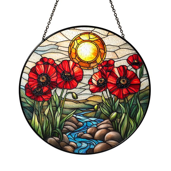 Poppy Flower Stream Stained Glass Suncatcher for Windows, Elegant Floral Art Hanging