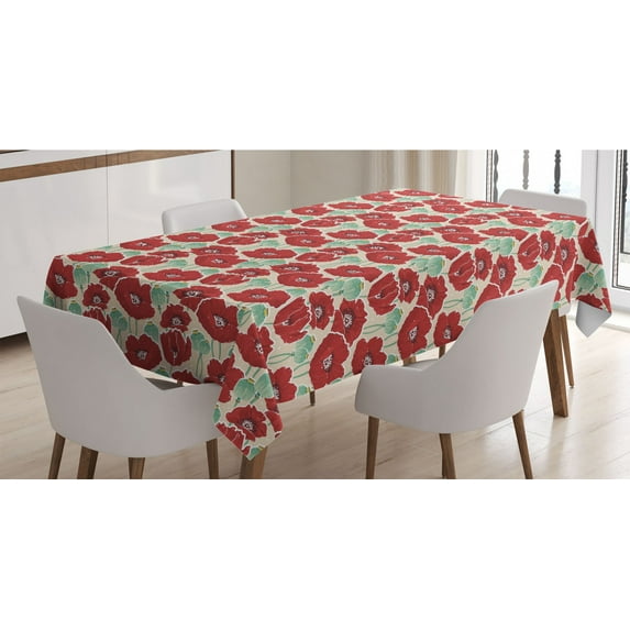 Poppy Flower Tablecloth, Spring Garden Pattern with Red Blossoms Capsules and Little Dots, Rectangle Satin Table Cover Accent for Dining Room and Kitchen, 60" X 84", Mint Green Beige, by Ambesonne